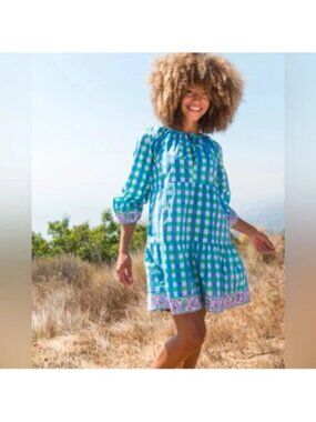 SZ Blockprints Priya Gingham Tiered Blue Green White Dress, M, EUC